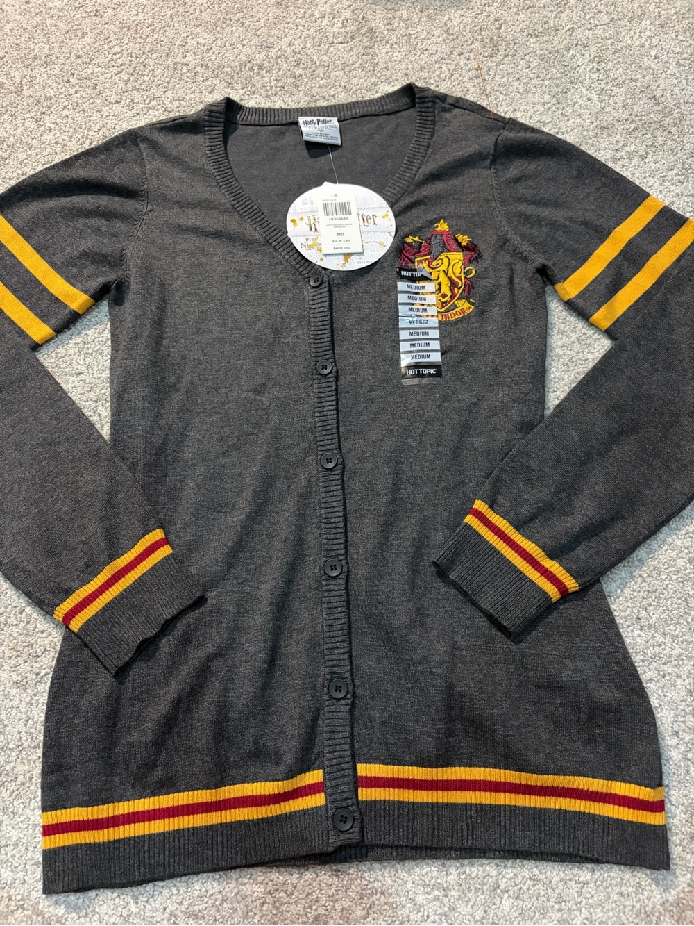 Hot Topic Gray Cardigan with Gold & Red Stripe Trim